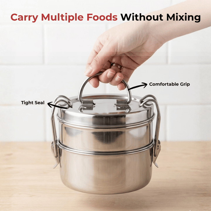 VINOD Stainless Steel Lunch Tiffin with 2 Compartments - 7 Inch Size, Rust Free, Mirror Finish, Tough and Strong Build, Easy to Carry