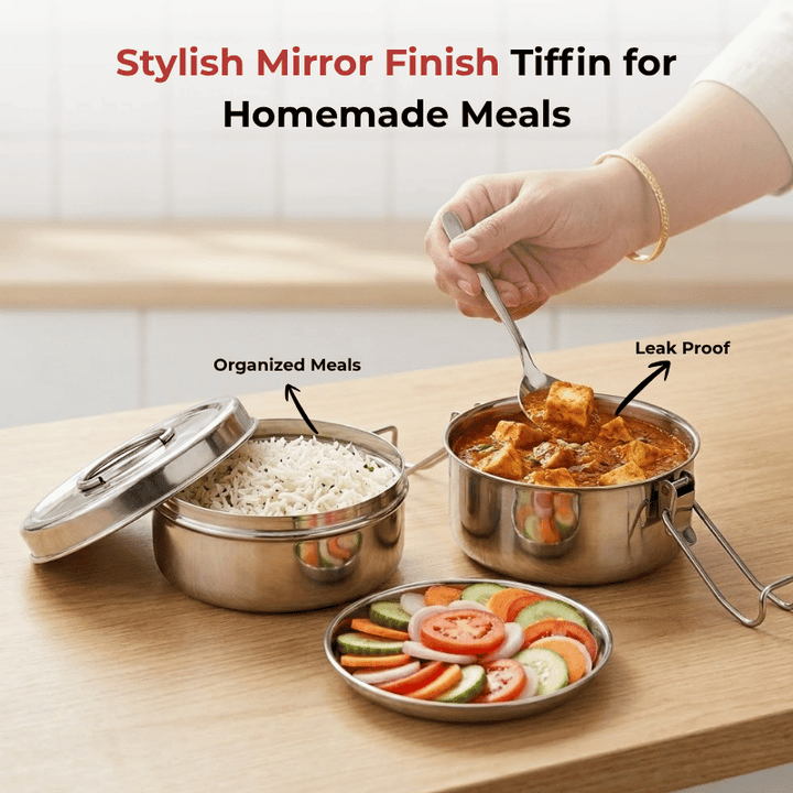 VINOD Stainless Steel Lunch Tiffin with 2 Compartments - 7 Inch Size, Rust Free, Mirror Finish, Tough and Strong Build, Easy to Carry