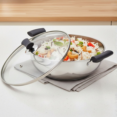 विनोद - डोनिव स्टेनलेस स्टील सैंडविच बॉटम सॉलिटेयर कढ़ाई, ग्लास लिड और साइड हैंडल के साथ, इंडक्शन फ्रेंडली, साइज़ 24 सेमी. क्षमता 3 लीटर