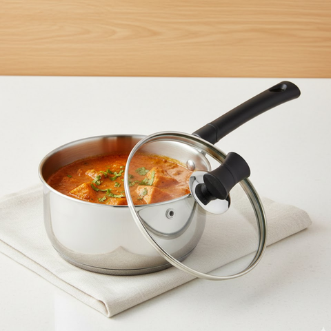 Vinod Doniv Stainless Steel Sandwich Bottom Solitaire Sauce Pan with Glass Lid, side view