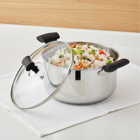 Vinod Doniv Stainless Steel Sandwich Bottom Solitaire Sauce Pot with Glass Lid & Side handle, front view
