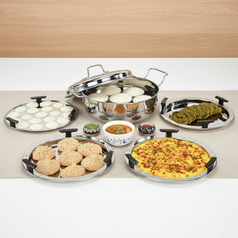 Vinod Doniv stainless steel induction bottom multi kadhai with 5 cooking plates, front view