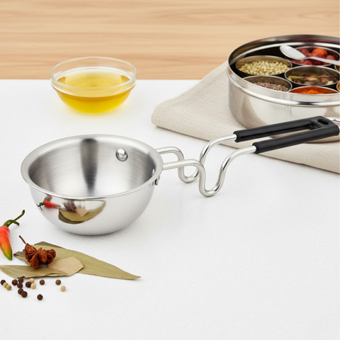 Vinod Claro heavy gauge stainless steel plain tadka pan, 1.5 mm, front view
