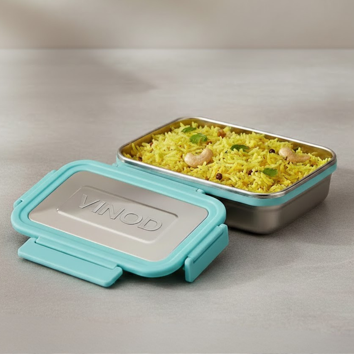 VINOD Stainless Steel Meal Carrier (Blue) – Large Food-Grade Steel Inner, Strong Lid, Side Clip Locks for No Spillage, Rust Free