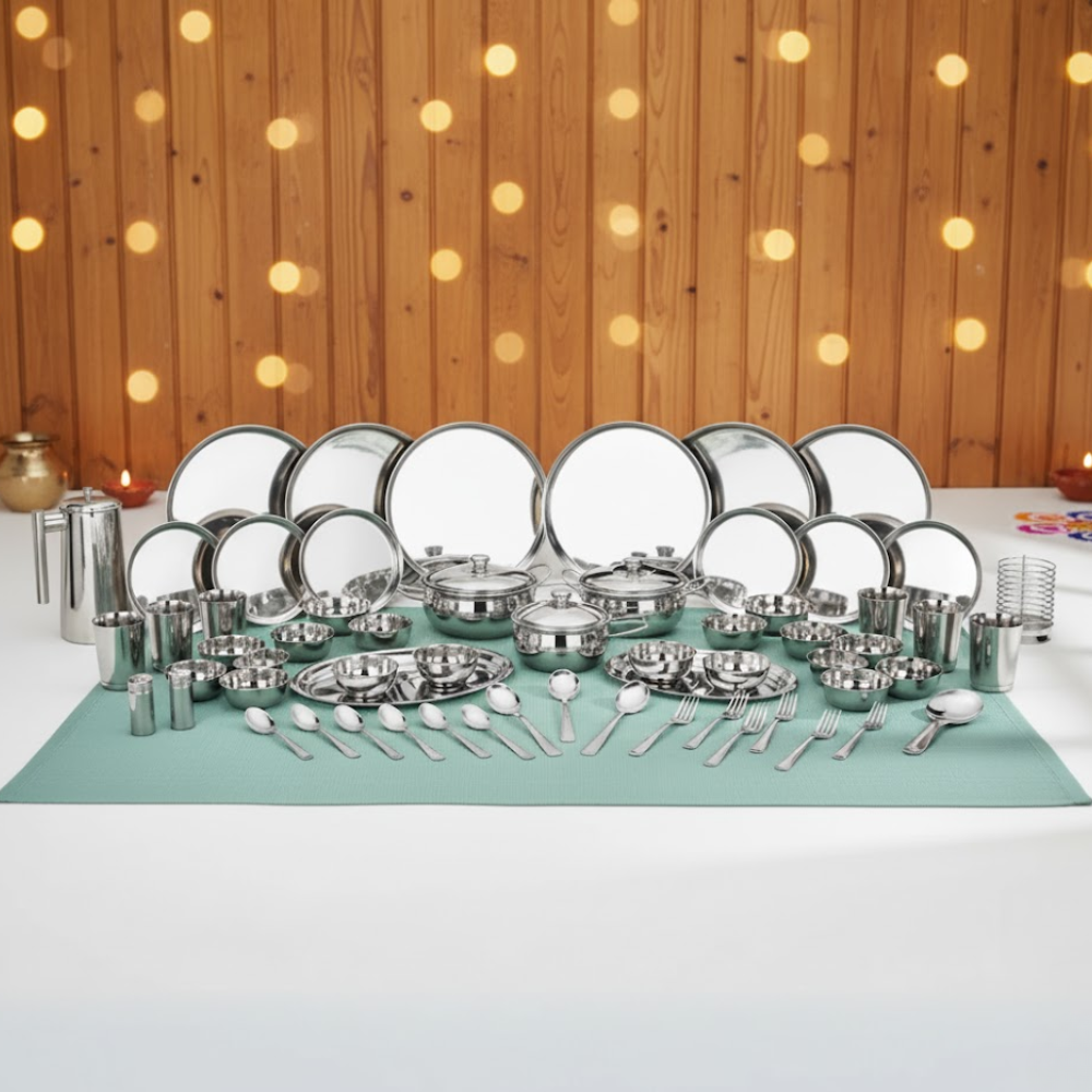 विनोद स्टेनलेस स्टील 61 पीस डिनर सेट प्रीमियम किचन सेट टिकाऊ, डिशवॉशर सुरक्षित, गृहप्रवेश उपहार के लिए भारी गेज डिनर सेट, सिल्वर