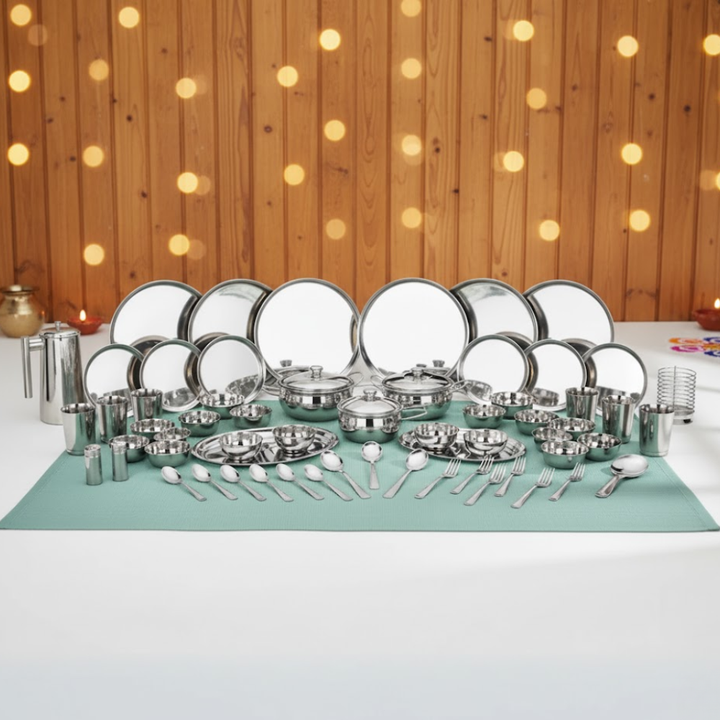 विनोद स्टेनलेस स्टील 61 पीस डिनर सेट प्रीमियम किचन सेट टिकाऊ, डिशवॉशर सुरक्षित, गृहप्रवेश उपहार के लिए भारी गेज डिनर सेट, सिल्वर