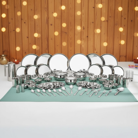 विनोद स्टेनलेस स्टील 61 पीस डिनर सेट प्रीमियम किचन सेट टिकाऊ, डिशवॉशर सुरक्षित, गृहप्रवेश उपहार के लिए भारी गेज डिनर सेट, सिल्वर