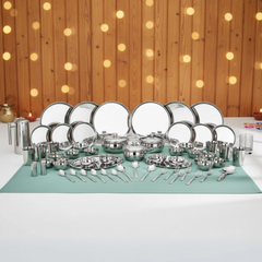 विनोद स्टेनलेस स्टील 61 पीस डिनर सेट प्रीमियम किचन सेट टिकाऊ, डिशवॉशर सुरक्षित, गृहप्रवेश उपहार के लिए भारी गेज डिनर सेट, सिल्वर