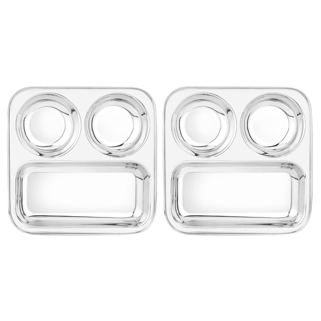 विनोद स्टेनलेस स्टील 3 इन 1 कम्पार्टमेंट प्लेट पार्टीशन प्लेट 24.5 सेमी थाली दो गोल बाउल के साथ, मिरर पॉलिश, जंग मुक्त, डिशवॉशर सुरक्षित, किचनवेयर, स्नैक, ब्रेकफास्ट, लंच प्लेट - 2 का पैक