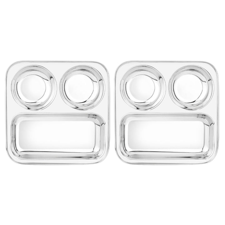 विनोद स्टेनलेस स्टील 3 इन 1 कम्पार्टमेंट प्लेट पार्टीशन प्लेट 24.5 सेमी थाली दो गोल बाउल के साथ, मिरर पॉलिश, जंग मुक्त, डिशवॉशर सुरक्षित, किचनवेयर, स्नैक, ब्रेकफास्ट, लंच प्लेट - 2 का पैक