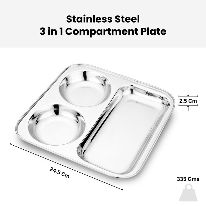 विनोद स्टेनलेस स्टील 3 इन 1 कम्पार्टमेंट प्लेट पार्टीशन प्लेट 24.5 सेमी थाली दो गोल बाउल के साथ, मिरर पॉलिश, जंग मुक्त, डिशवॉशर सुरक्षित, किचनवेयर, स्नैक, ब्रेकफास्ट, लंच प्लेट - 2 का पैक