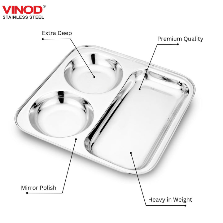 विनोद स्टेनलेस स्टील 3 इन 1 कम्पार्टमेंट प्लेट पार्टीशन प्लेट 24.5 सेमी थाली दो गोल बाउल के साथ, मिरर पॉलिश, जंग मुक्त, डिशवॉशर सुरक्षित, किचनवेयर, स्नैक, ब्रेकफास्ट, लंच प्लेट - 2 का पैक