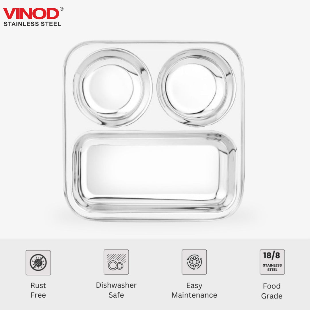 विनोद स्टेनलेस स्टील 3 इन 1 कम्पार्टमेंट प्लेट पार्टीशन प्लेट 24.5 सेमी थाली दो गोल बाउल के साथ, मिरर पॉलिश, जंग मुक्त, डिशवॉशर सुरक्षित, किचनवेयर, स्नैक, ब्रेकफास्ट, लंच प्लेट - 2 का पैक