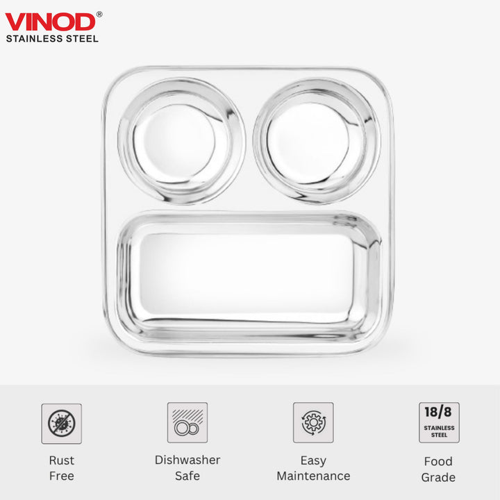 विनोद स्टेनलेस स्टील 3 इन 1 कम्पार्टमेंट प्लेट पार्टीशन प्लेट 24.5 सेमी थाली दो गोल बाउल के साथ, मिरर पॉलिश, जंग मुक्त, डिशवॉशर सुरक्षित, किचनवेयर, स्नैक, ब्रेकफास्ट, लंच प्लेट - 2 का पैक