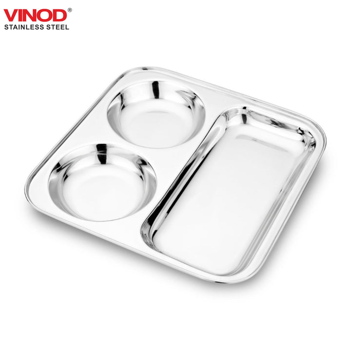 विनोद स्टेनलेस स्टील 3 इन 1 कम्पार्टमेंट प्लेट पार्टीशन प्लेट 24.5 सेमी थाली दो गोल बाउल के साथ, मिरर पॉलिश, जंग मुक्त, डिशवॉशर सुरक्षित, किचनवेयर, स्नैक, ब्रेकफास्ट, लंच प्लेट - 2 का पैक