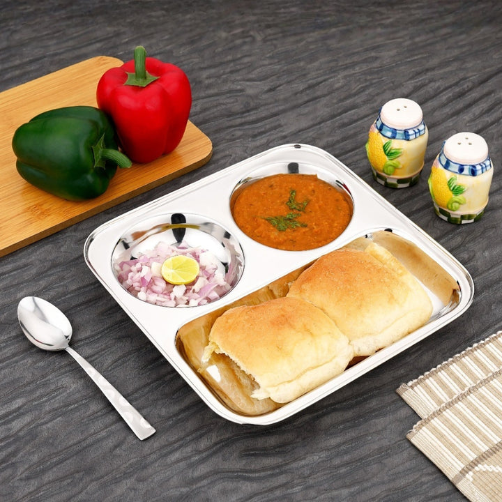 विनोद स्टेनलेस स्टील 3 इन 1 कम्पार्टमेंट प्लेट पार्टीशन प्लेट 24.5 सेमी थाली दो गोल बाउल के साथ, मिरर पॉलिश, जंग मुक्त, डिशवॉशर सुरक्षित, किचनवेयर, स्नैक, ब्रेकफास्ट, लंच प्लेट - 2 का पैक