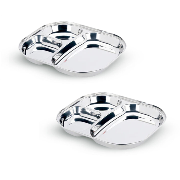 विनोद स्टेनलेस स्टील 3 कम्पार्टमेंट प्लेट गोल किनारों के साथ / पाव भाजी प्लेट्स / इडली सांभर ब्रेकफास्ट प्लेट / लंच / डिनर के लिए स्टील प्लेट्स [2 का पैक]