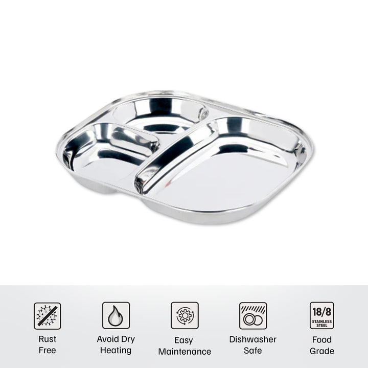 विनोद स्टेनलेस स्टील 3 कम्पार्टमेंट प्लेट गोल किनारों के साथ / पाव भाजी प्लेट्स / इडली सांभर ब्रेकफास्ट प्लेट / लंच / डिनर के लिए स्टील प्लेट्स [2 का पैक]