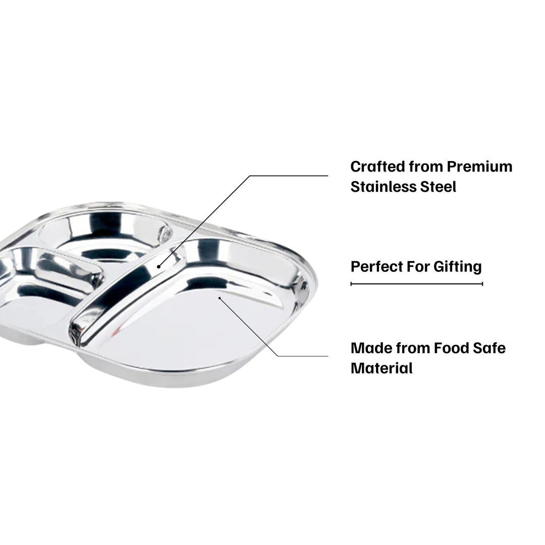 विनोद स्टेनलेस स्टील 3 कम्पार्टमेंट प्लेट गोल किनारों के साथ / पाव भाजी प्लेट्स / इडली सांभर ब्रेकफास्ट प्लेट / लंच / डिनर के लिए स्टील प्लेट्स [2 का पैक]