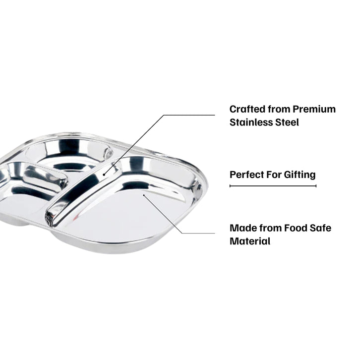 विनोद स्टेनलेस स्टील 3 कम्पार्टमेंट प्लेट गोल किनारों के साथ / पाव भाजी प्लेट्स / इडली सांभर ब्रेकफास्ट प्लेट / लंच / डिनर के लिए स्टील प्लेट्स [2 का पैक]