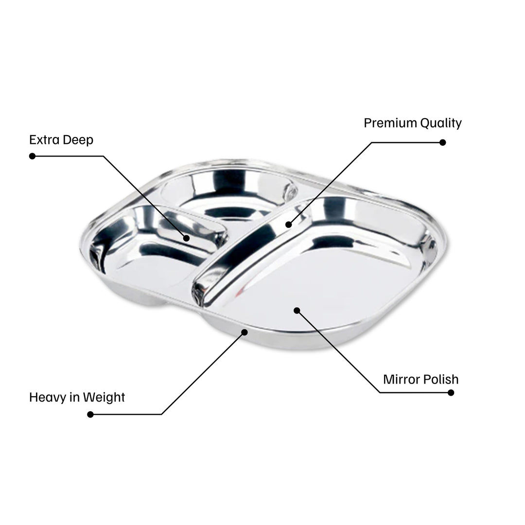 विनोद स्टेनलेस स्टील 3 कम्पार्टमेंट प्लेट गोल किनारों के साथ / पाव भाजी प्लेट्स / इडली सांभर ब्रेकफास्ट प्लेट / लंच / डिनर के लिए स्टील प्लेट्स [2 का पैक]