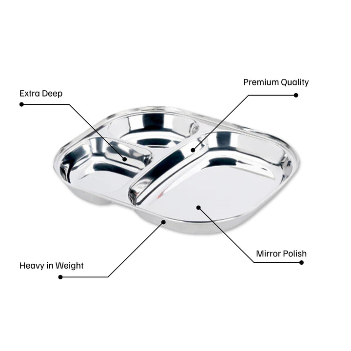 विनोद स्टेनलेस स्टील 3 कम्पार्टमेंट प्लेट गोल किनारों के साथ / पाव भाजी प्लेट्स / इडली सांभर ब्रेकफास्ट प्लेट / लंच / डिनर के लिए स्टील प्लेट्स [2 का पैक]