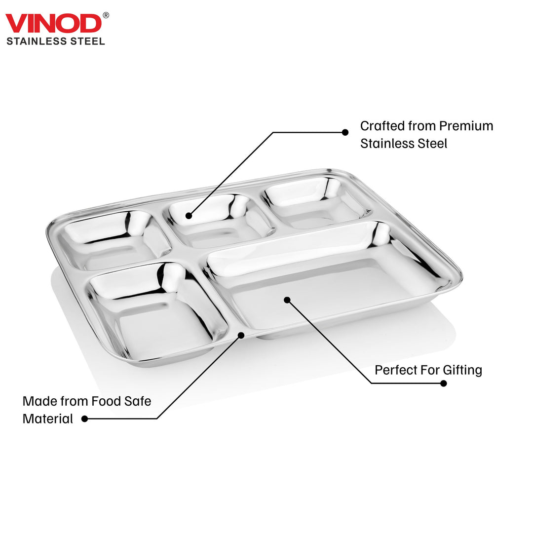विनोद स्टेनलेस स्टील स्क्वायर एज मेस ट्रे 5 कम्पार्टमेंट के साथ / स्टील थाली / लंच और डिनर प्लेट / भोजन थाली - 2 पीस 