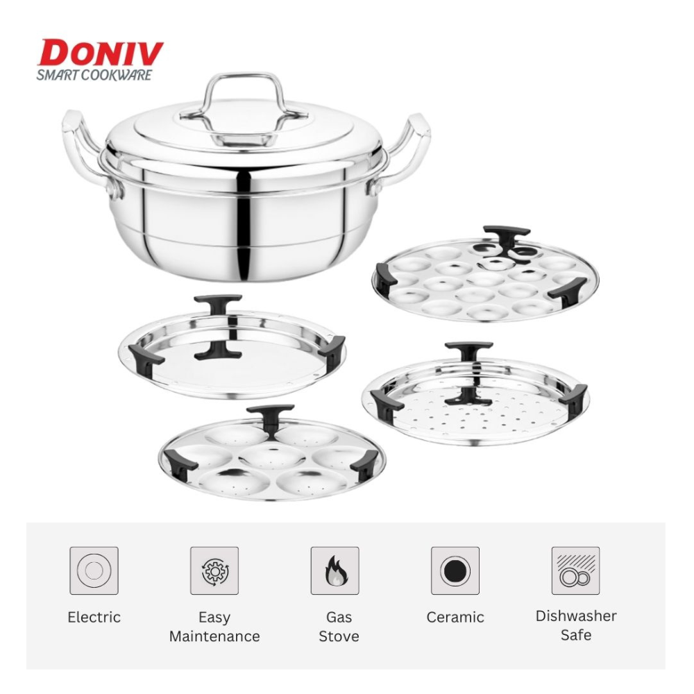 विनोद - डोनिव ट्रिपली स्टेनलेस स्टील 6 प्लेट और 1 बहुउद्देशीय कड़ाही स्टीमर इडली, ढोकला, मोमोज के लिए हैवी गेज इडली ढोकला कुकर इंडक्शन और गैस स्टोव के अनुकूल (2 इडली, 1 मिनी इडली, 1 पात्रा/मोमोज, 2 खमन/ढोकला)