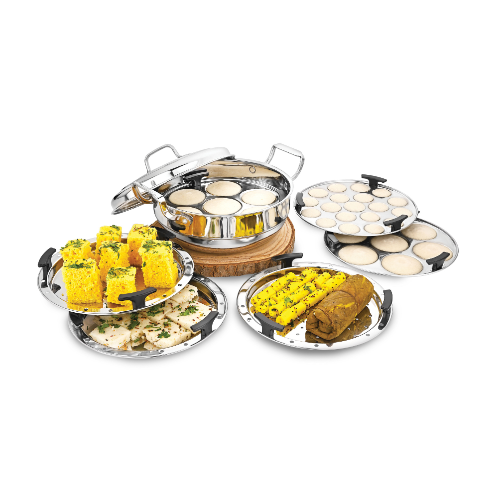 विनोद - डोनिव ट्रिपली स्टेनलेस स्टील 6 प्लेट और 1 बहुउद्देशीय कड़ाही स्टीमर इडली, ढोकला, मोमोज के लिए हैवी गेज इडली ढोकला कुकर इंडक्शन और गैस स्टोव के अनुकूल (2 इडली, 1 मिनी इडली, 1 पात्रा/मोमोज, 2 खमन/ढोकला)