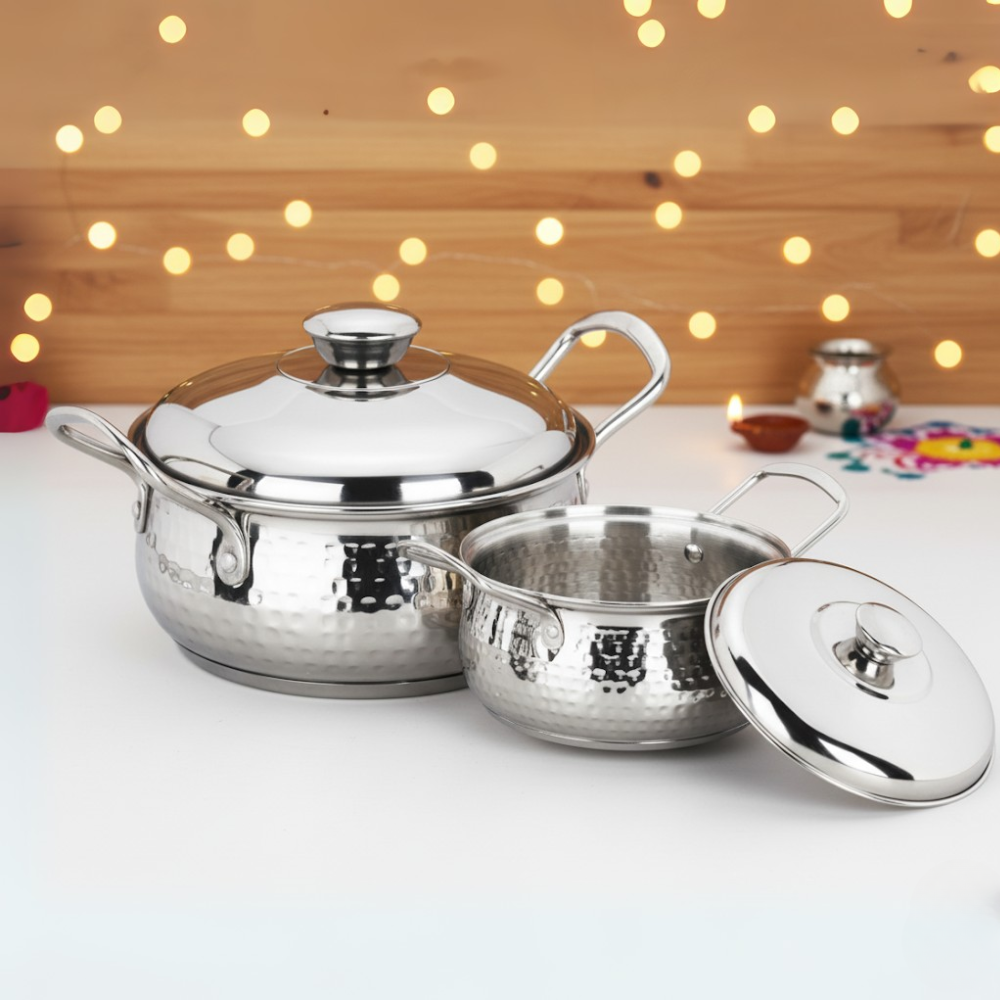 Vinod Stainless Steel Milano Hammered Serving Casserole With Steel Lid & Side Handle - Set of 2 Pcs - 1230 ml & 1630 ml - 16 cm & 18 cm