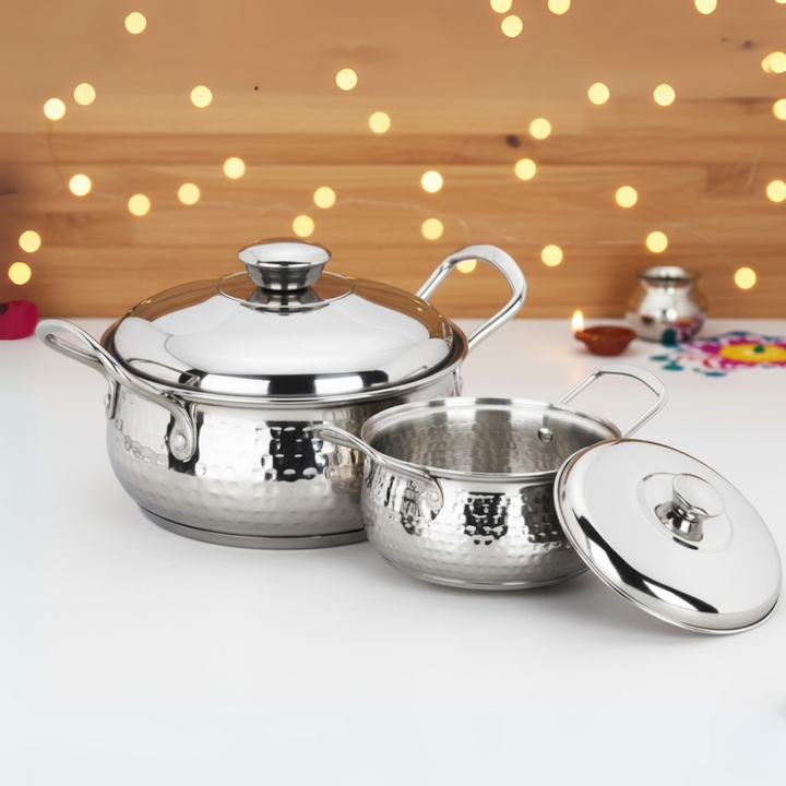 Vinod Stainless Steel Milano Hammered Serving Casserole With Steel Lid & Side Handle - Set of 2 Pcs - 1230 ml & 1630 ml - 16 cm & 18 cm