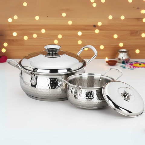 Vinod Stainless Steel Milano Hammered Serving Casserole With Steel Lid & Side Handle - Set of 2 Pcs - 1230 ml & 1630 ml - 16 cm & 18 cm