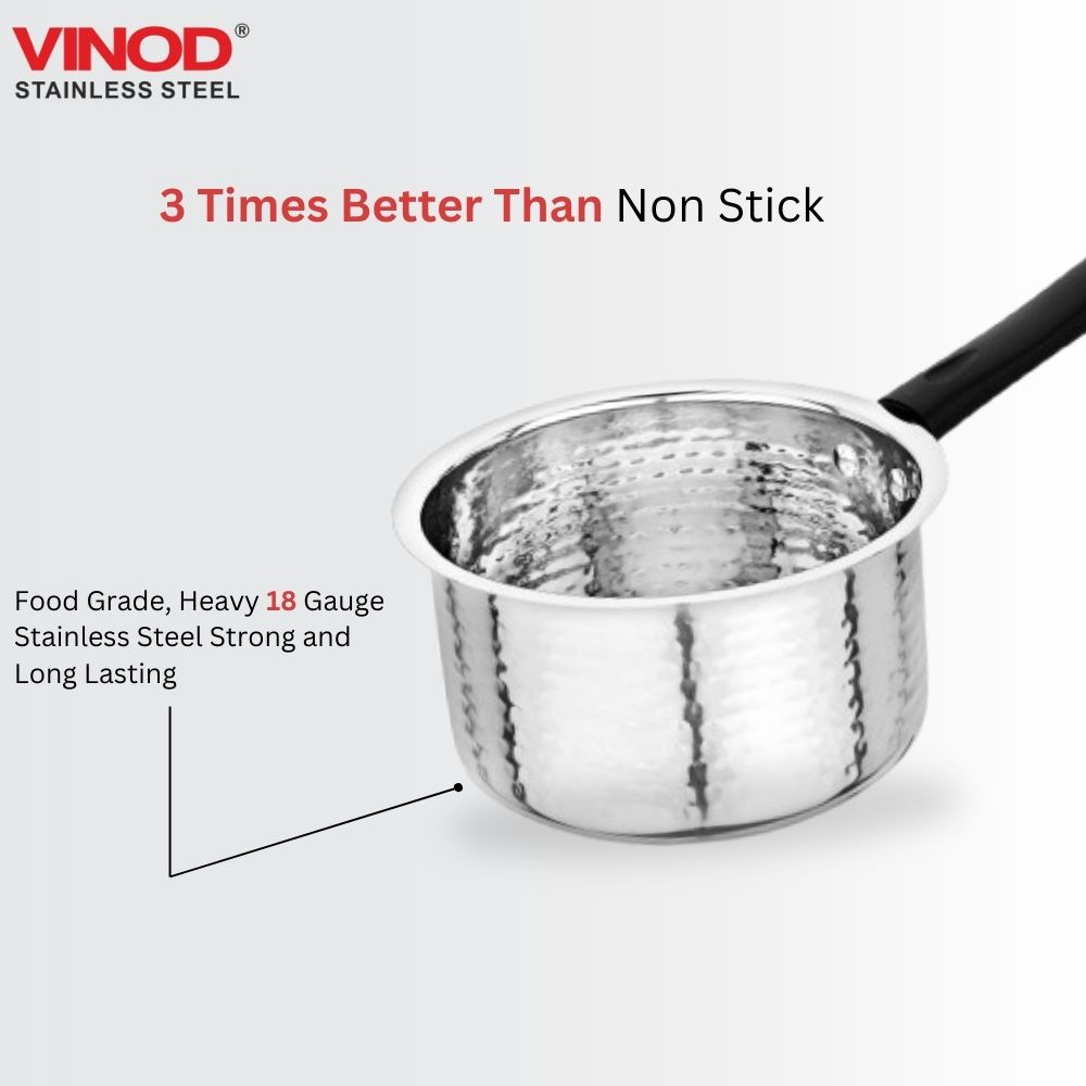 Vinod Stainless Steel Premium Hammered Sauce Pan Heavy Gauge 675 ml Milk Pan, Tea Pan, Induction & Gas Stove Compatible, Dishwasher Safe, Durable Tea Pot for Kitchen