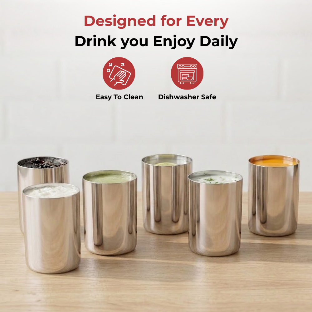 Vinod Stainless Steel Amrapali Glass Set of 6, angled view