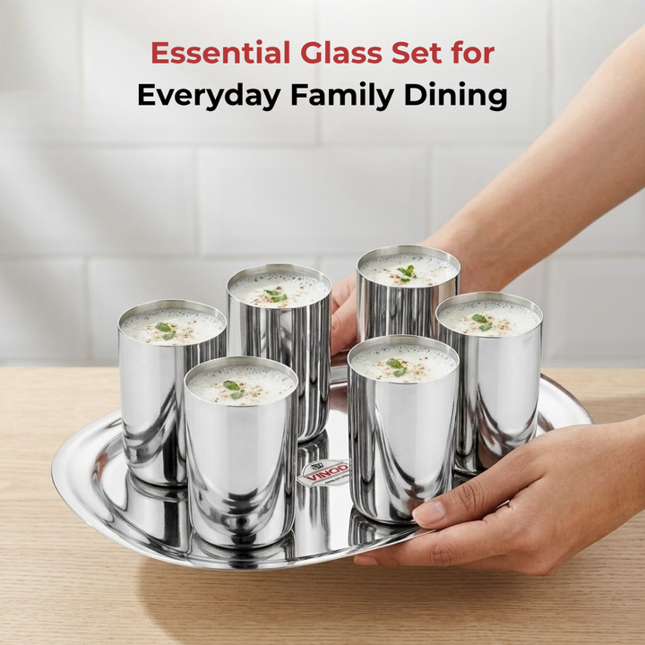 VINOD Stainless Steel Amrapali Glass Set of 6 - 350 ml with Highest Grade Steel, Mirror Finish, Easy to Clean, Rust Free & Dishwasher Safe