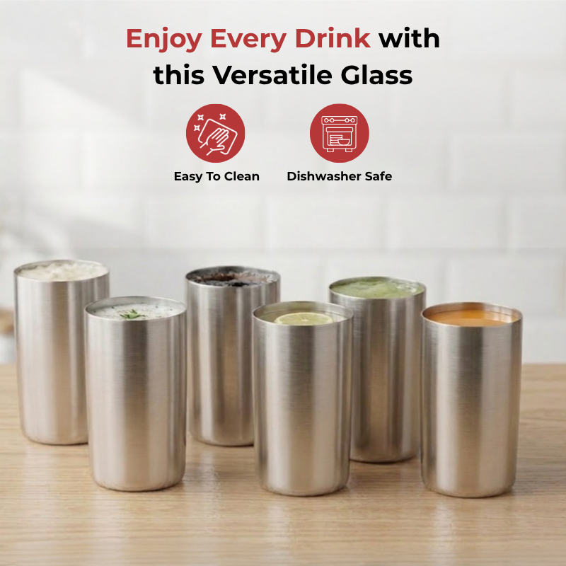 VINOD Stainless Steel Fusion Glass Set of 6 - 400 ml with High Grade Stainless Steel, Mirror Finish, Dishwasher Safe, Rust Free
