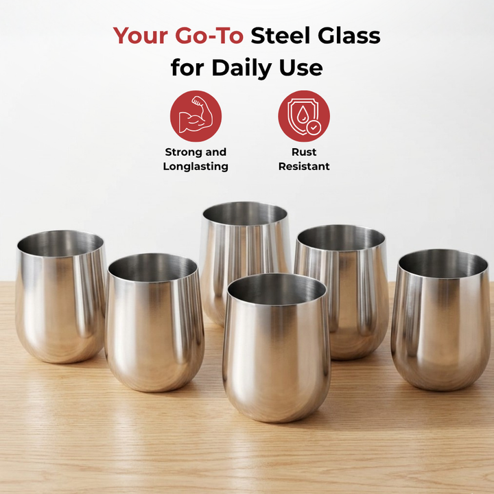 विनोद स्टेनलेस स्टील रूबी ग्लास - एक बॉक्स में छह ग्लास (300 मिली)