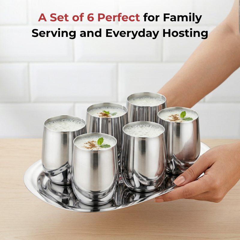 VINOD Stainless Steel Ruby Glass Set of 6 - 300 ml, Highest Grade Steel, Mirror Finish, Tough & Strong, Dishwasher Safe, Rust Free
