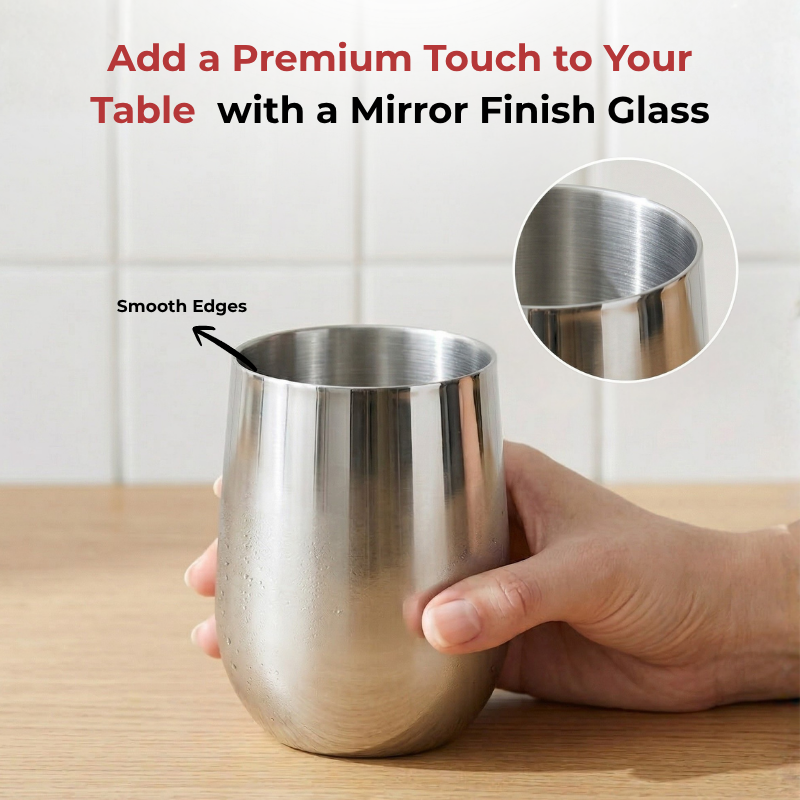 VINOD Stainless Steel Ruby Glass Set of 6 - 300 ml, Highest Grade Steel, Mirror Finish, Tough & Strong, Dishwasher Safe, Rust Free