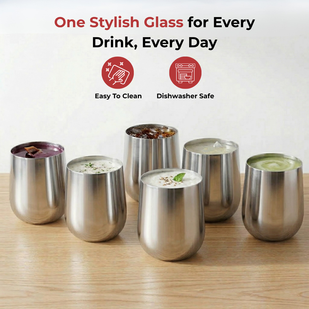 Vinod Stainless Steel Ruby Glass Set of 6 - 300 ml, angled view
