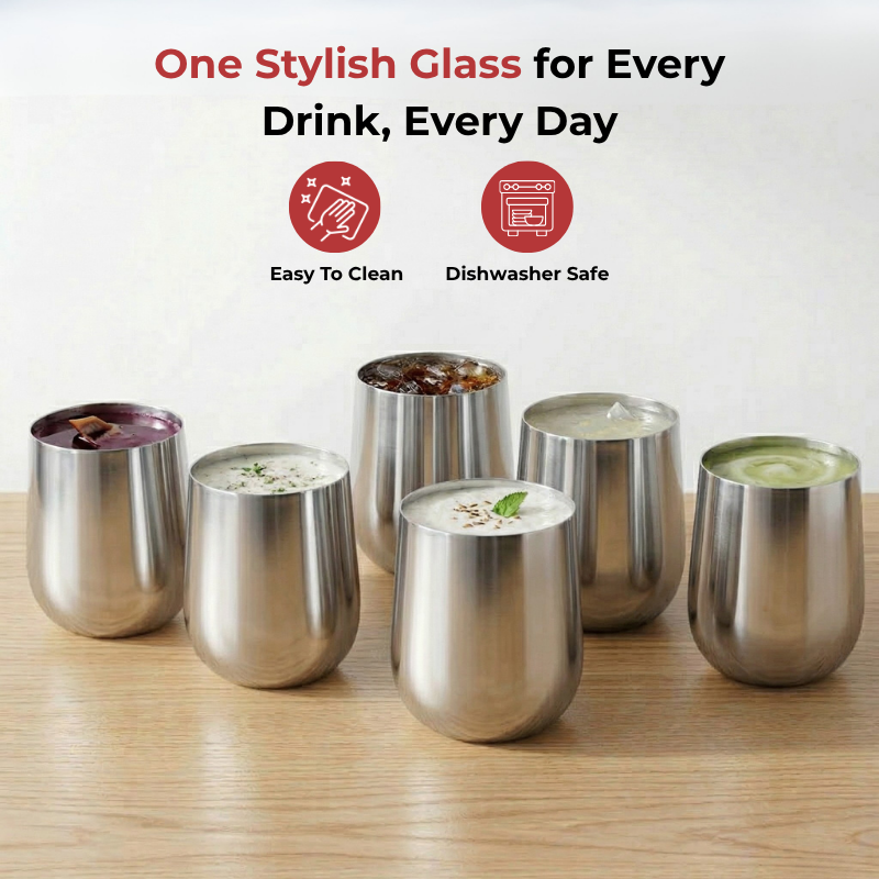 VINOD Stainless Steel Ruby Glass Set of 6 - 300 ml, Highest Grade Steel, Mirror Finish, Tough & Strong, Dishwasher Safe, Rust Free