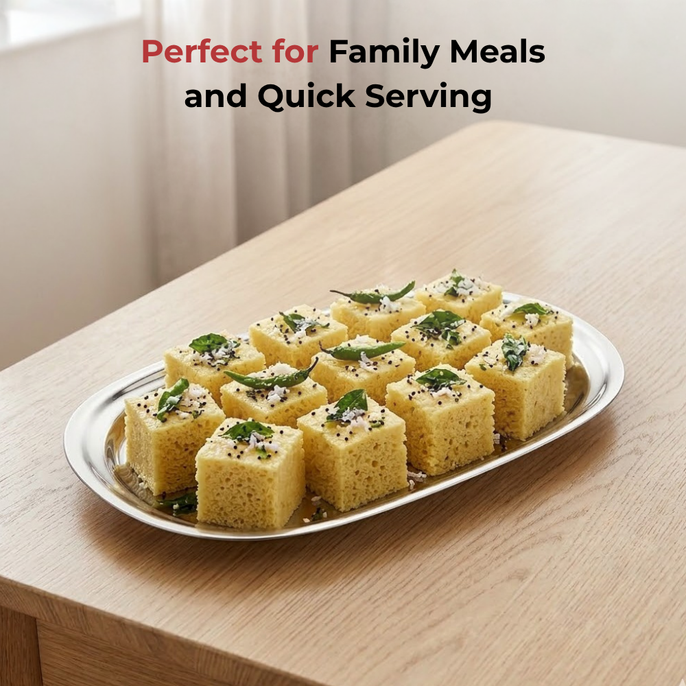 Vinod Stainless Steel Salad Tray, angled view