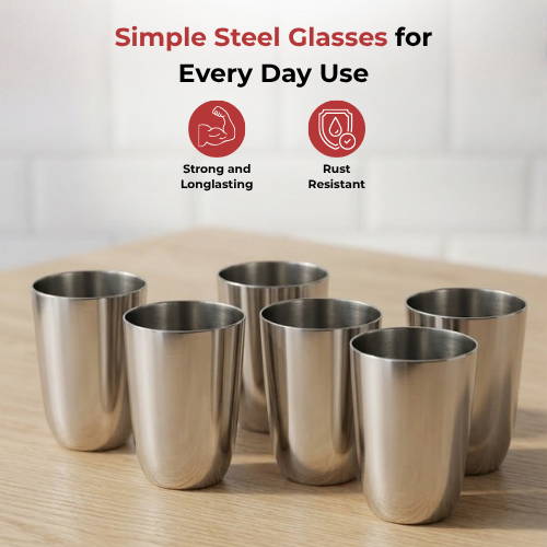 VINOD Stainless Steel Passion Glass Set of 6 - 300 ml with Highest Grade Steel, Mirror Finish, Long Lasting & Durable, Dishwasher Safe