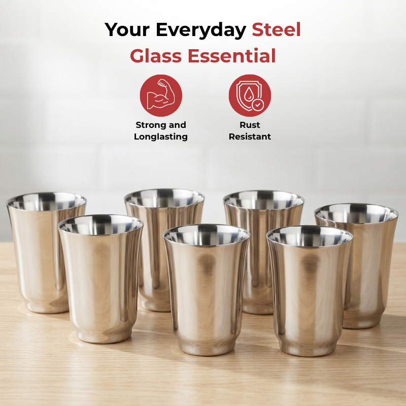 VINOD Stainless Steel Sheetal Glass Set of 6 - 300 ml with Highest Grade Stainless Steel, Tough & Strong, Rust Free & Dishwasher Safe