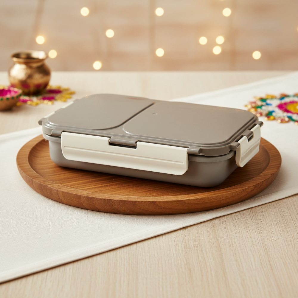 विनोद स्टेनलेस स्टील 2 कम्पार्टमेंट लीक-प्रूफ लंच बॉक्स वैक्यूम सीलबंद टिफिन बॉक्स ऑफिस, बच्चों और वयस्कों के लिए फ्रीजर सेफ बेंटो बॉक्स एयरटाइट कंटेनर, सेफ्टी लॉक के साथ इंसुलेटेड, ग्रे