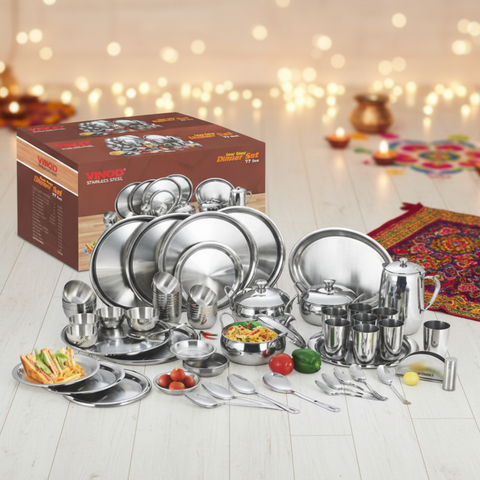 विनोद स्टेनलेस स्टील 77 पीस टू टोन डिनर सेट आठ लोगों के लिए