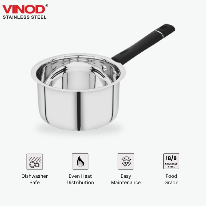 Vinod Stainless Steel Premium Sauce Pan Heavy Gauge 1800 ml Milk Pan, Tea Pan, Induction & Gas Stove Compatible, Dishwasher Safe, Durable Tea Pot for Kitchen
