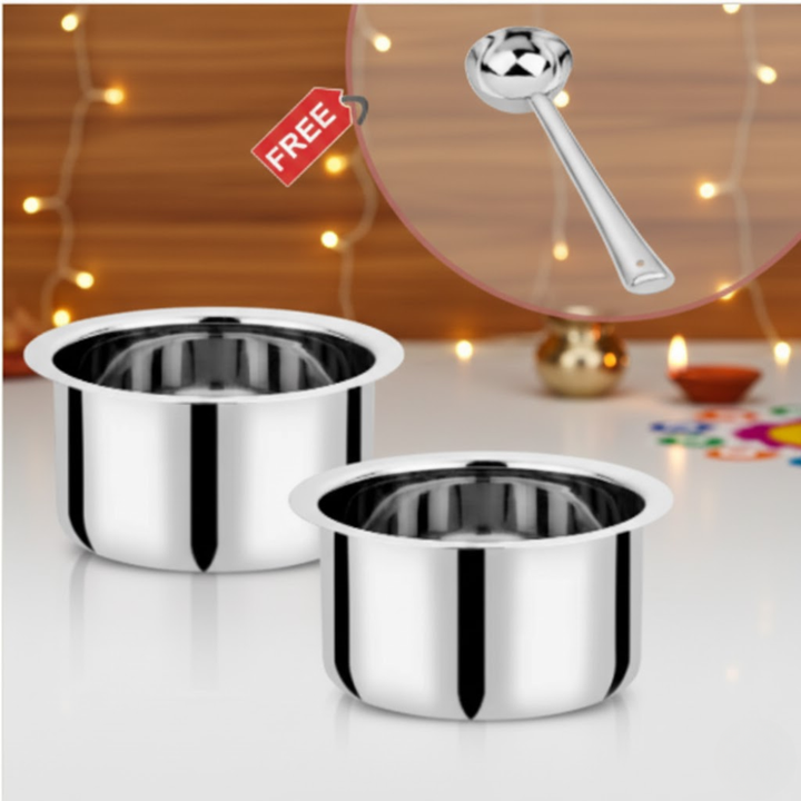 Vinod Stainless Steel Induction Friendly Flat Bottom Tope Without Lid – Combo Set – 5.5 Ltr &#038; 6.7 ltr – No 17 &#038; 18 with Free Ladle