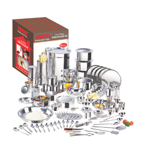 Vinod Stainless Steel 114 Pcs Griha Pravesh Set + 1 Complimentary Pavali
