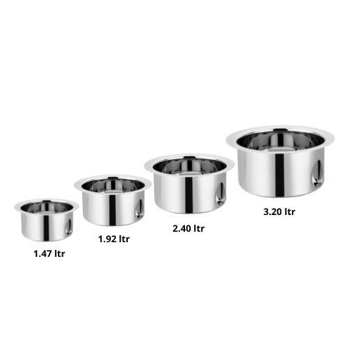 Vinod Stainless Steel Induction Friendly Round Bottom Tope Without Lid 4 Pieces Medium Set Capacity 1.40 Litre, 1.90 Litre, 2.40 Litre &#038; 3.20 Litre